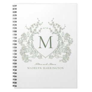 Caderno Espiral Notebook Classic Sage Green Floral Crest Monograma
