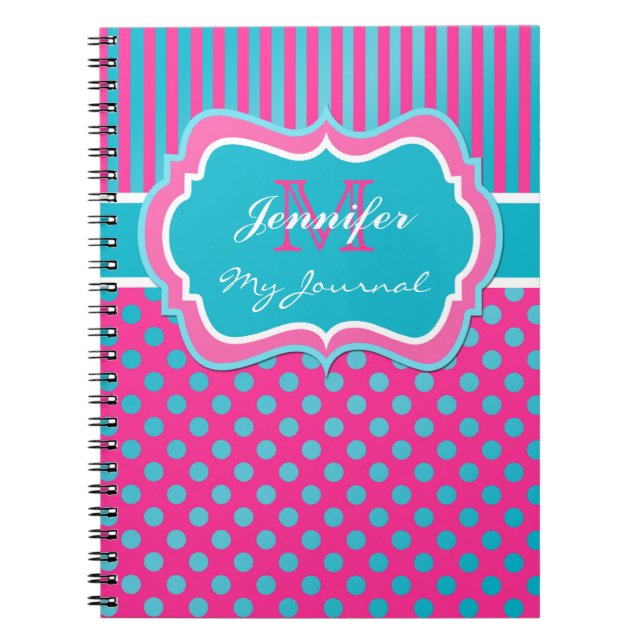 Caderno Espiral Notebook com Bolinhas branca, cor-de-rosa, azul, c (Frente)