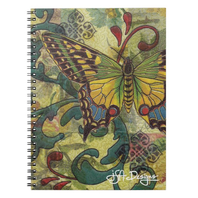 Caderno Espiral Notebook com borboleta de arte têxtil (Frente)