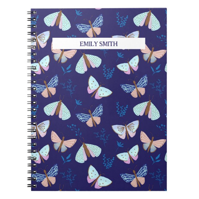 Caderno Espiral Notebook com borboleta padrão azul com destaque ro (Frente)