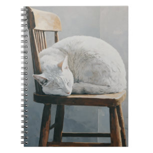 Caderno Espiral Notebook com Cadeira de Madeira de Gato Branco