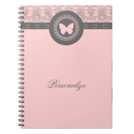Caderno Espiral Notebook com cinza e borboleta rosa