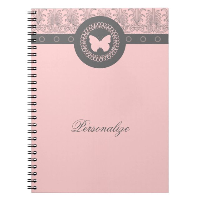 Caderno Espiral Notebook com cinza e borboleta rosa (Frente)