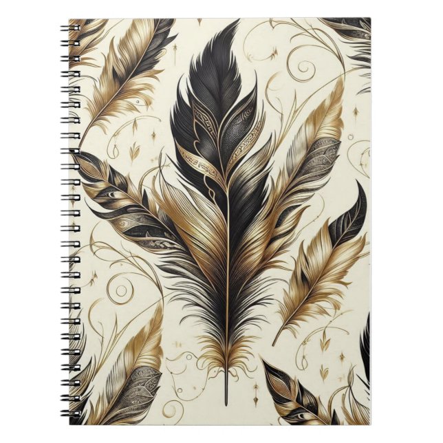 Caderno Espiral Notebook com Design de penas preto e Dourado (Frente)