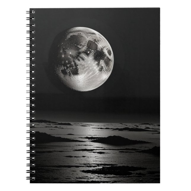 Caderno Espiral Notebook com Design de Reflexão Lunar - B e W (Frente)
