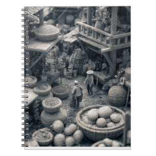 Caderno Espiral Notebook com detalhes da cena do mercado Sepia