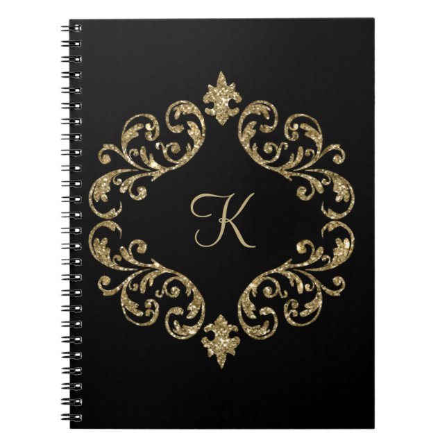 Caderno Espiral Notebook com Diário brilhante Dourado a preto mono (Frente)