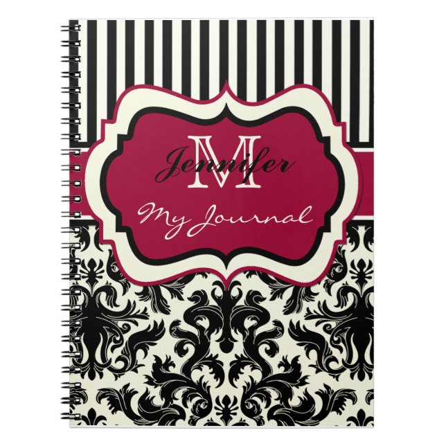 Caderno Espiral Notebook com Diário Damask com risca vermelha-pret (Frente)