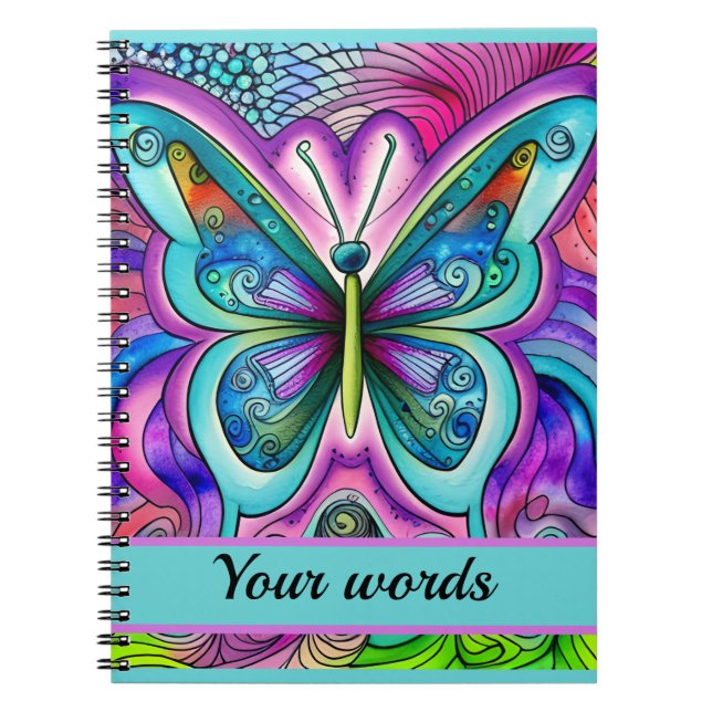 Caderno Espiral Notebook com espiral de borboleta azul e roxa (Frente)