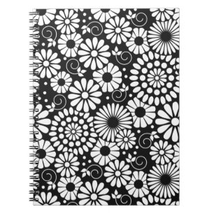 Caderno Espiral Notebook com flores brancas pretas retrorreflector