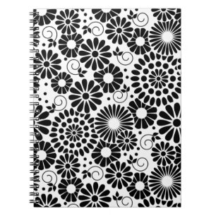 Caderno Espiral Notebook com flores brancas pretas retrorreflector