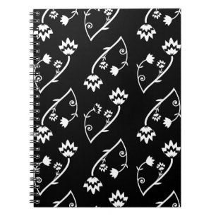 Caderno Espiral Notebook com flores brancas pretas retrorreflector