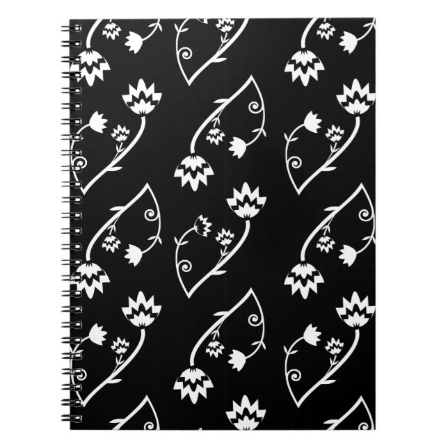 Caderno Espiral Notebook com flores brancas pretas retrorreflector (Frente)