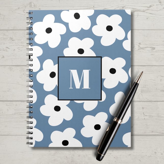Caderno Espiral Notebook com Flores Brancas Retroativas Monograma  (Criador carregado)