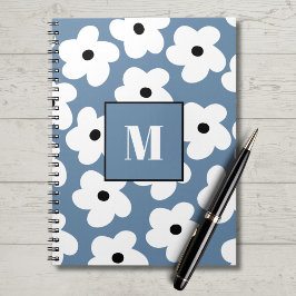 Caderno Espiral Notebook com Flores Brancas Retroativas Monograma