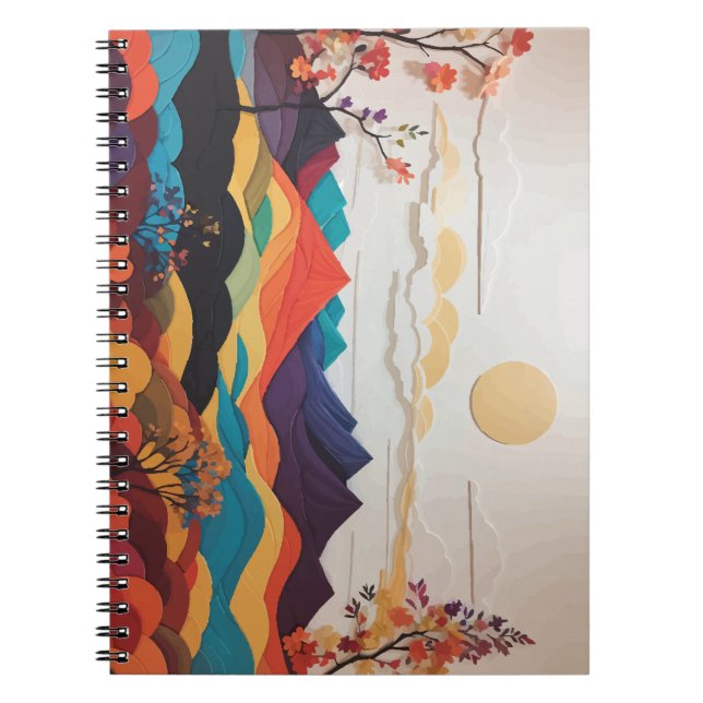 Caderno Espiral Notebook com flores vibrantes, sol e Colinas (Frente)