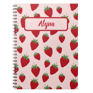 Caderno Espiral Notebook com nome Alyna, padrão de morango rosa-cl