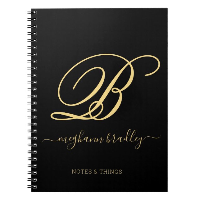 Caderno Espiral Notebook com nome Dourado preto moderno (Frente)