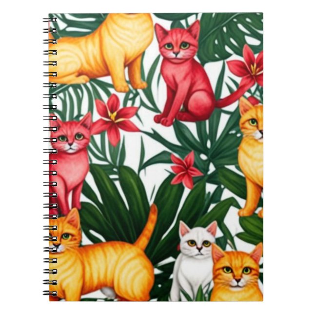 Caderno Espiral Notebook com padrão de gatos tropicais (Frente)
