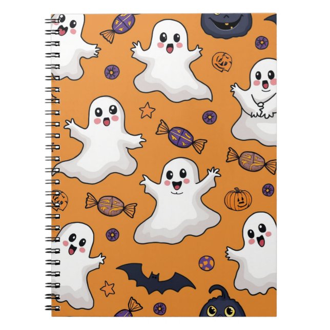 Caderno Espiral Notebook com padrão fantasma do Halloween (Frente)