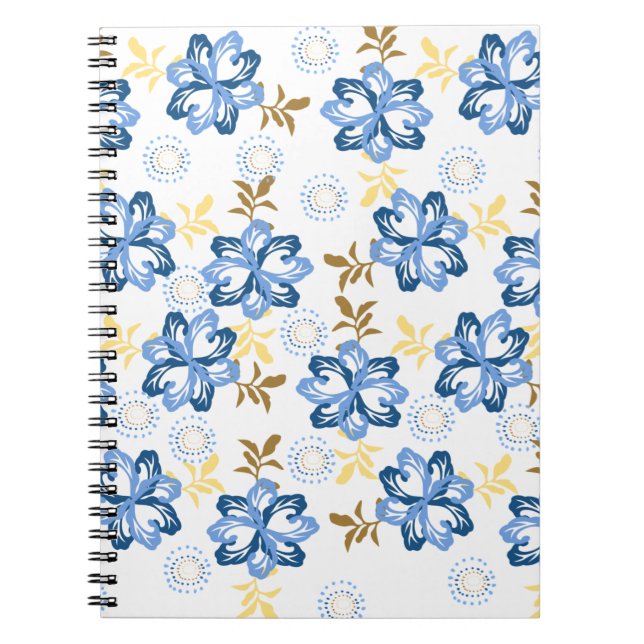 Caderno Espiral Notebook com padrão floral azul e Dourado (Frente)