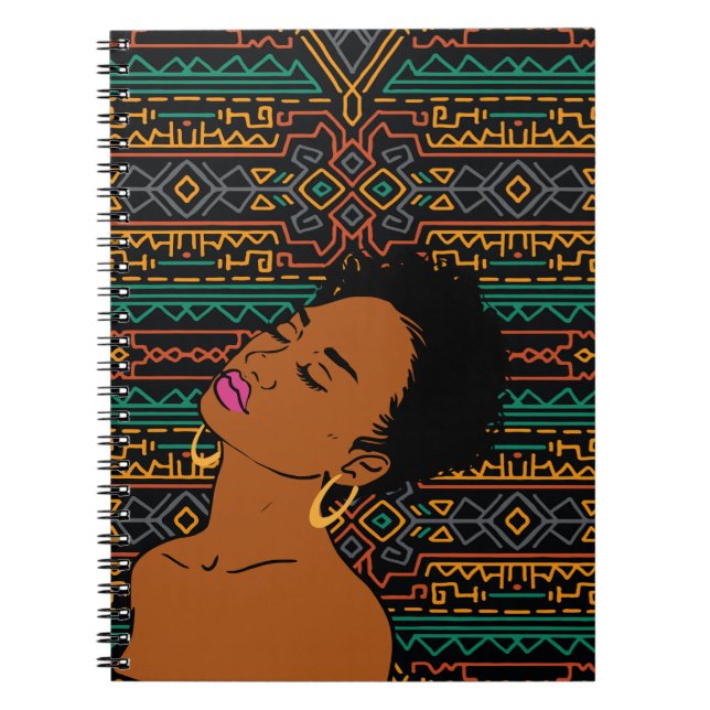 Caderno Espiral Notebook com padrão tribal para mulheres negras (Frente)