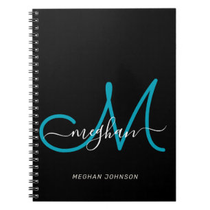 Caderno Espiral Notebook com Script Chic Black Teal Monograma Mode