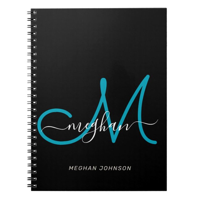 Caderno Espiral Notebook com Script Chic Black Teal Monograma Mode (Frente)