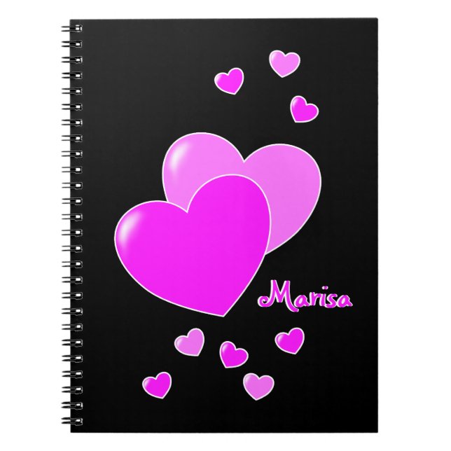 Caderno Espiral Notebook Com Seu Nome, Corações Pretos E Rosa (Frente)