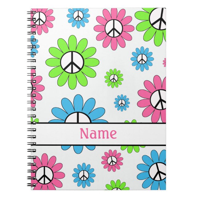 Caderno Espiral Notebook com Sinal de Paz Branco Rosa Personalizad (Frente)