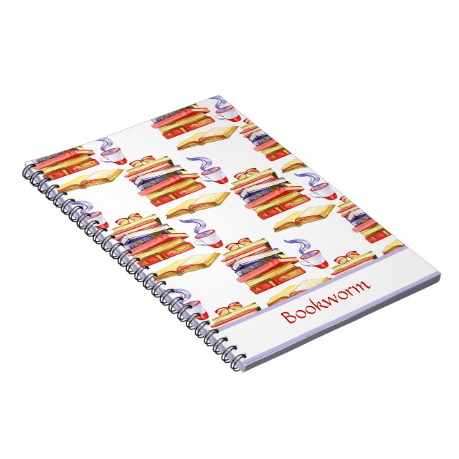 Caderno Espiral Notebook com worm de livros empilhados (Lado Direito)