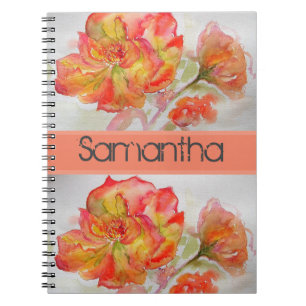 Caderno Espiral Notebook cor d'água floral cor laranja cor de lara