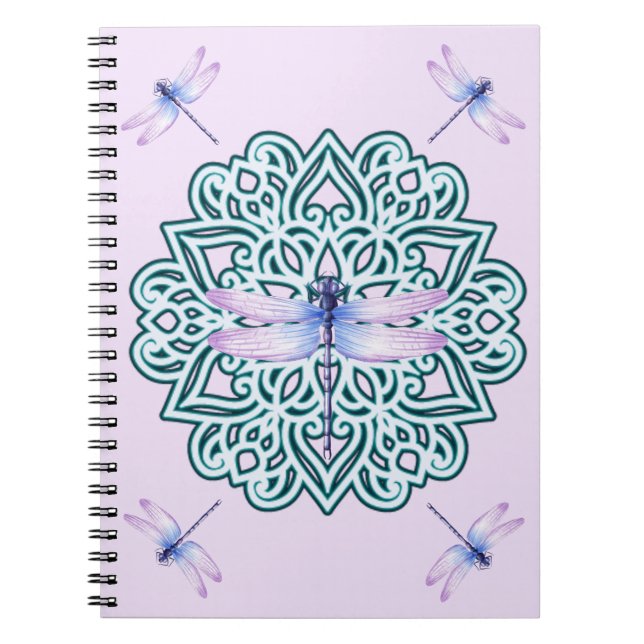 Caderno Espiral Notebook cor-de-rosa-azul-roxo Mandala Dragonfly (Frente)