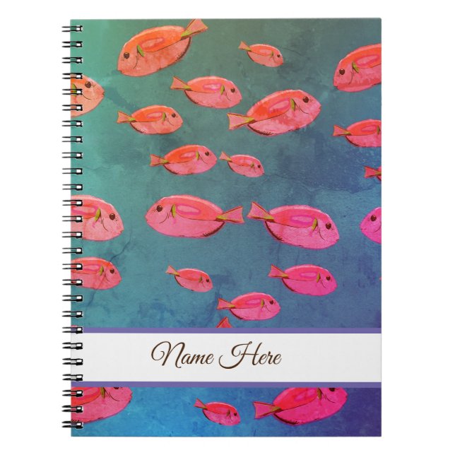 Caderno Espiral Notebook cor-de-rosa com arte de peixes tropicais (Frente)