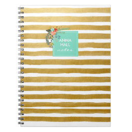 Caderno Espiral Notebook de Aqua Floral Moderno e Stripe de Folha 