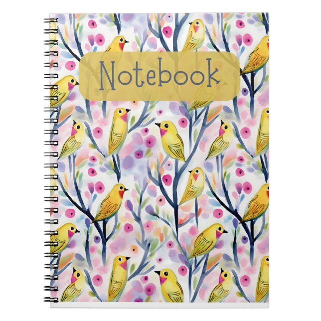 Caderno Espiral Notebook de aves amarelas (Frente)