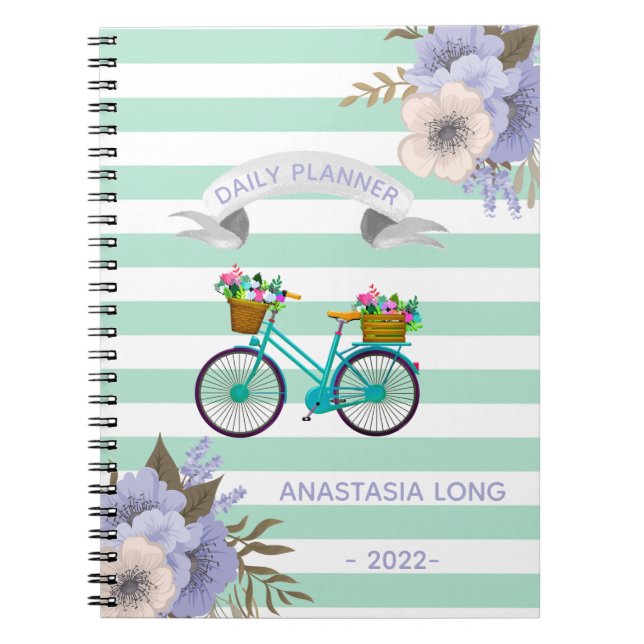 Caderno Espiral Notebook de Bicicletas de Flores Azuis Modernas (Frente)
