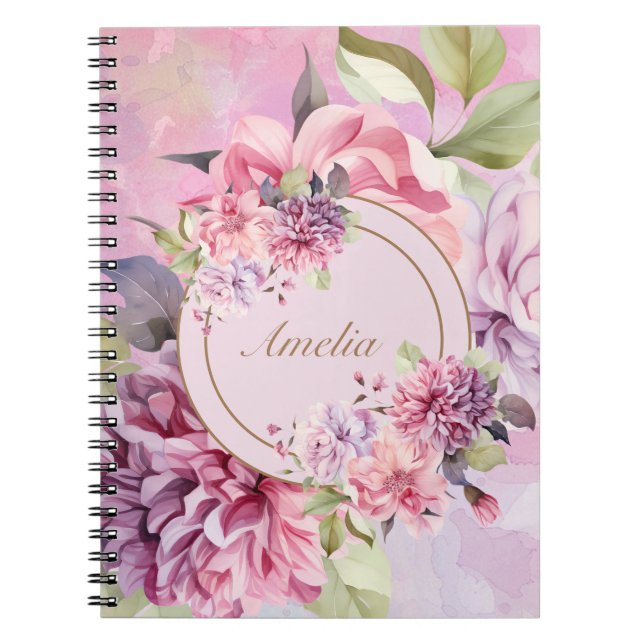 Caderno Espiral Notebook de Buquê Floral Elegante Watercolor (Frente)