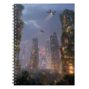 Caderno Espiral Notebook de Cidade de Drones Futurística da Flores