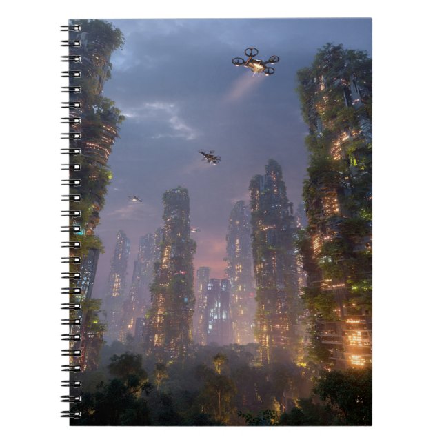 Caderno Espiral Notebook de Cidade de Drones Futurística da Flores (Frente)