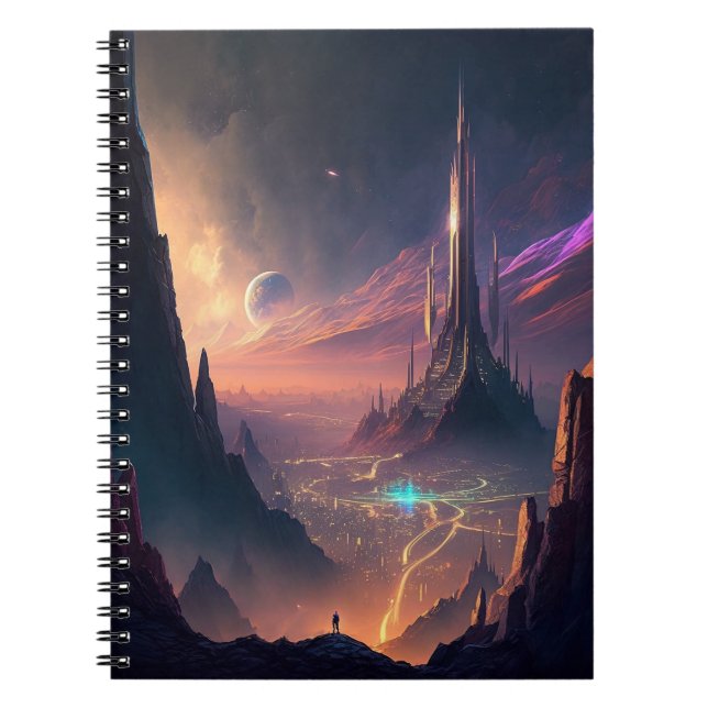 Caderno Espiral Notebook de Cidade Futurística com Ficção Científi (Frente)