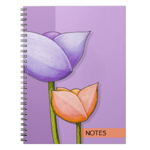 Caderno Espiral Notebook de cor laranja roxo com flores simples