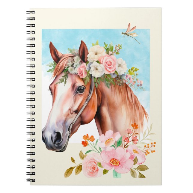 Caderno Espiral Notebook de Diário de Cavalo e Flores de Aquarelas (Frente)
