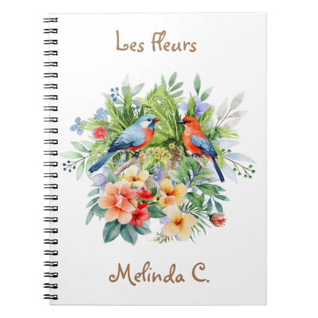 Caderno Espiral Notebook de duas aves bonitas com flores tropicais (Frente)