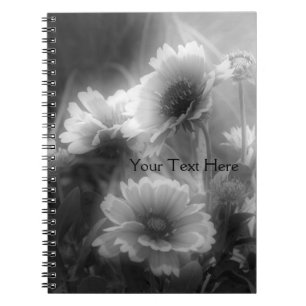 Caderno Espiral Notebook de flores de margarida pretas e brancas