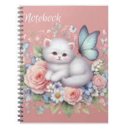 Caderno Espiral Notebook De Gatinho Branco, Borboletas E Flores