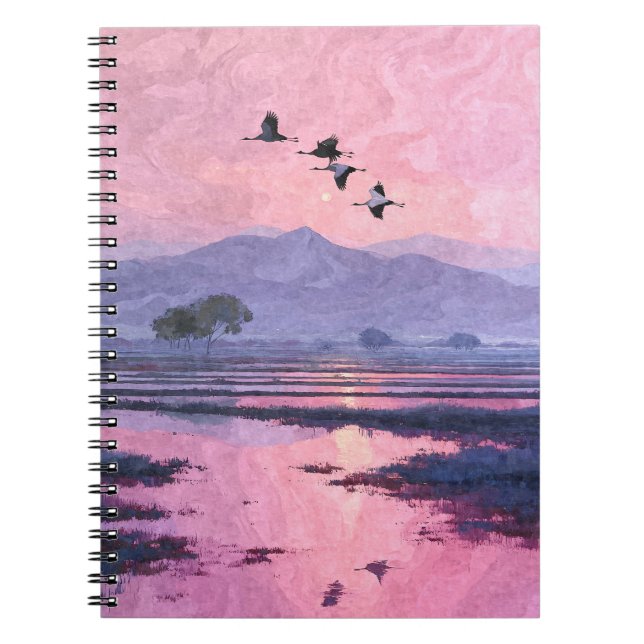 Caderno Espiral Notebook de guindastes solares cor-de-rosa (Frente)