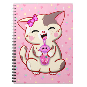 Caderno Espiral Notebook de leite de morango rosa e Gatinho branco