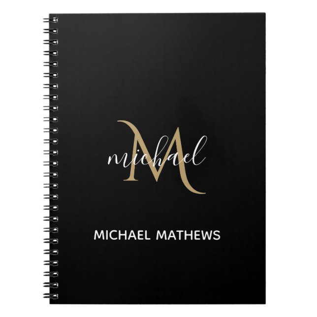 Caderno Espiral Notebook de luxo elegante monograma negro e Dourad (Frente)