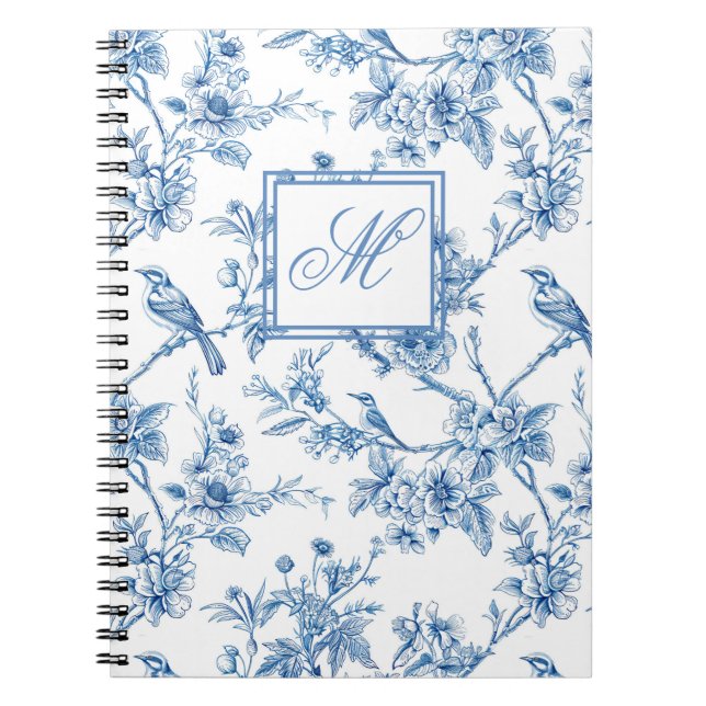 Caderno Espiral Notebook de Monograma de Chinoiserie Azul e Branco (Frente)